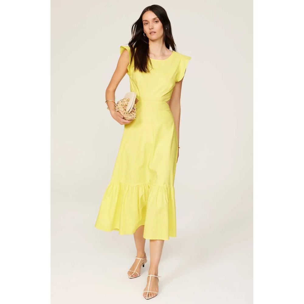 Marissa Webb Yellow Cutout Midi Dress Open Back Tie Tiered Ruffle Cotton Sz 2